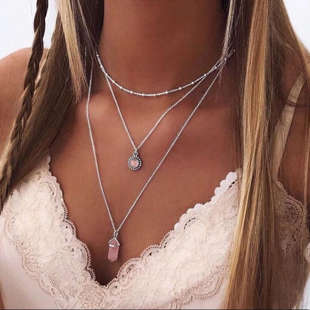 Bohemian Silver Pink Crystal Pendant Layered Chain Necklace